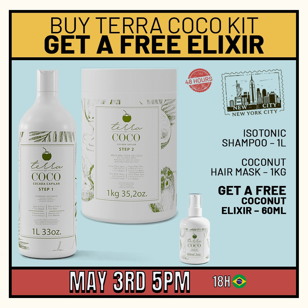 (SALE) Kit TERRA COCO Isotonic Shampoo + Coconut-Based Mask 1kg / 33oz + FREE Coconut Elixir 60ml / 2oz